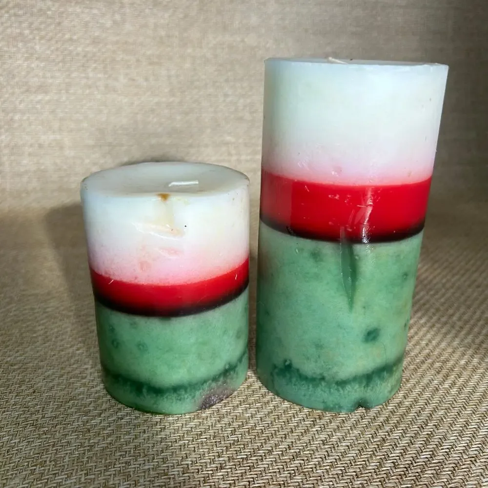 Pier 1 Evergreen Poinsettia Holiday Candle Pair Vintage Unburned Dented